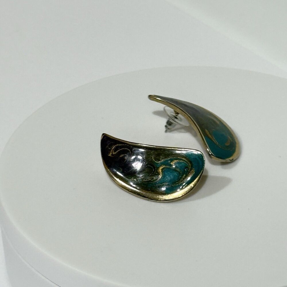 Vintage Enamel Teardrop Earrings Gold Tone Purple Green Blue Abstract Art - Picture 7 of 16